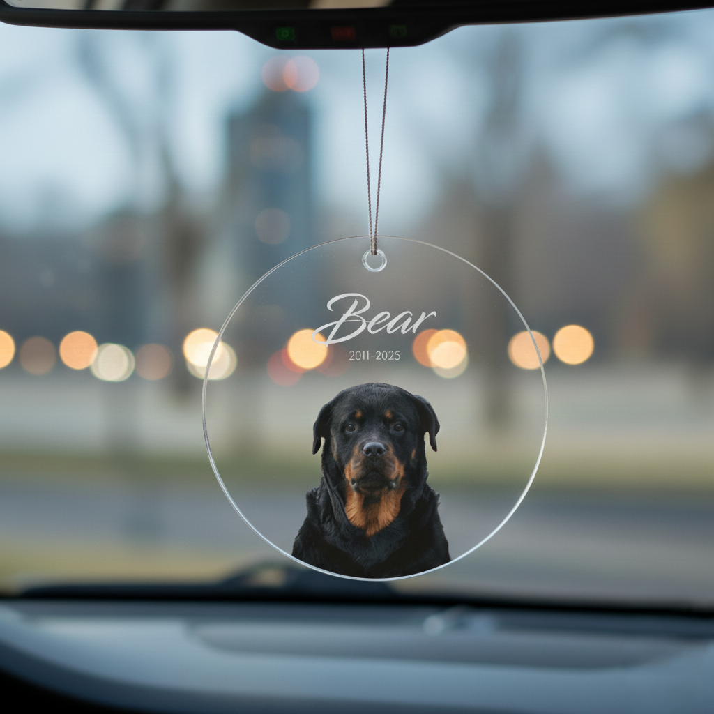 Car hanging ornament with a dog's face and name 'Bear' on a blurred city street background