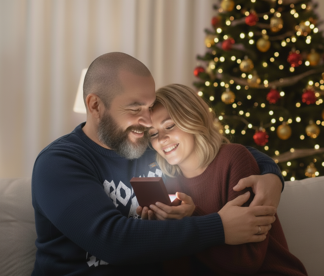Man and woman sitting together in front of a Christmas tree, looking at a tablet.